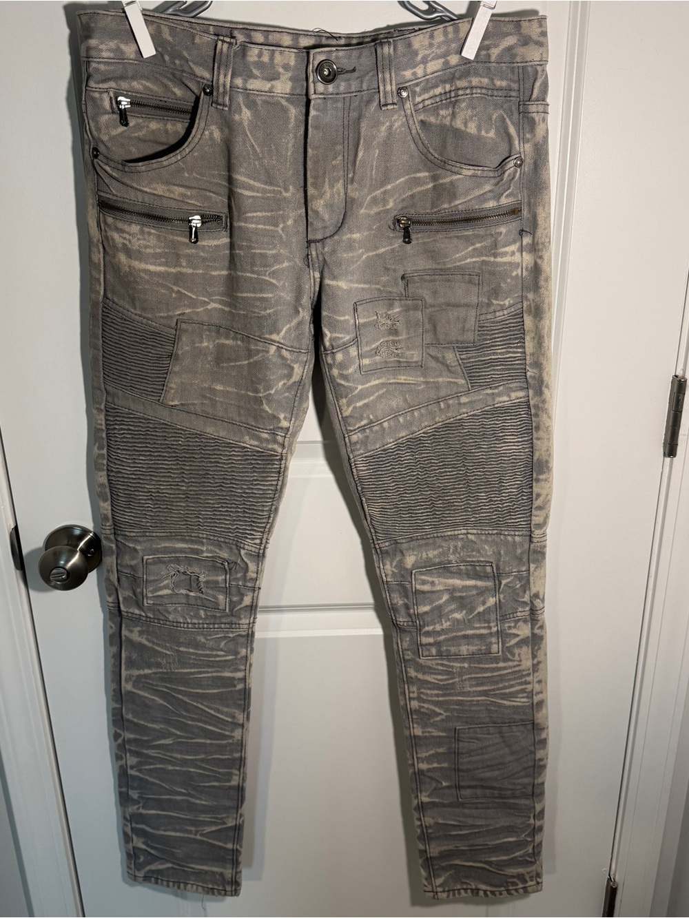 DNM Collection Jeans Mens 32x32 Gray Slim Skinny Acid Wash Moto Biker Jeans